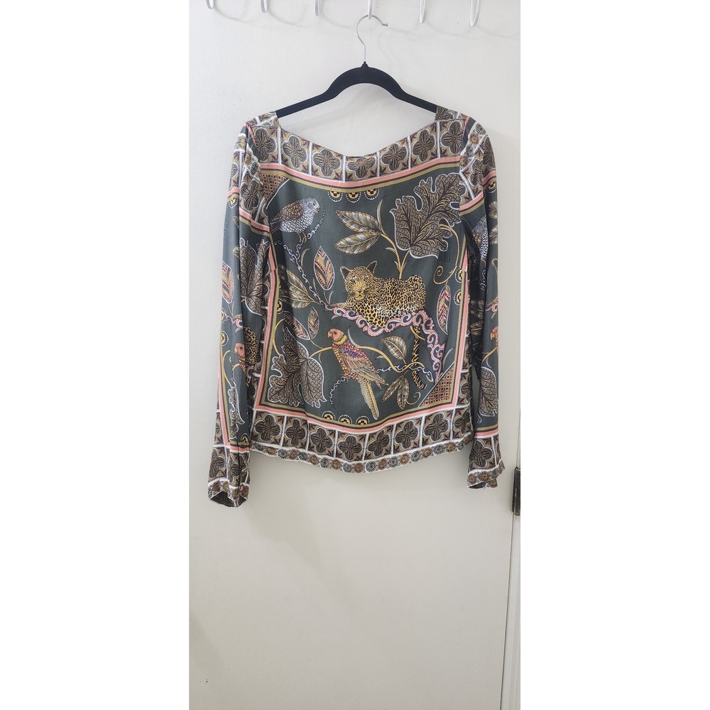 J.Crew Womens Small‎ Scarf Print Leopard Bird Viscose Boat Neck Blouse Green